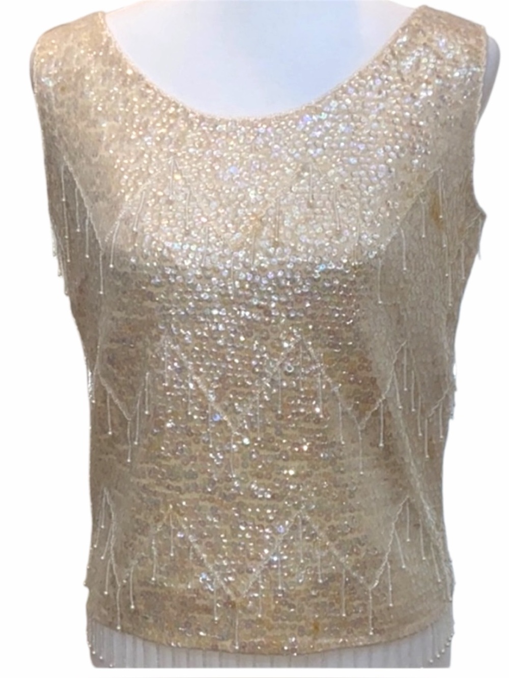 Vintage 60s Hong Kong Beaded Sequin Wool Top Faux Pearl Fringe Formal Shell